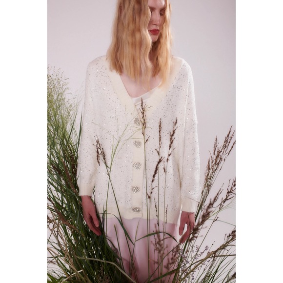 Sweaters - OLIVIA RUBIN Cream Mika Oversize Cardigan Sequin Rhinestone Size M *Flaw*